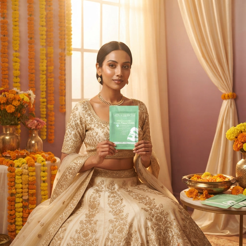 A South Asian bride with glowing skin holds a Bio-Collagen Face Mask package in a room decorated with marigolds and rose-tone