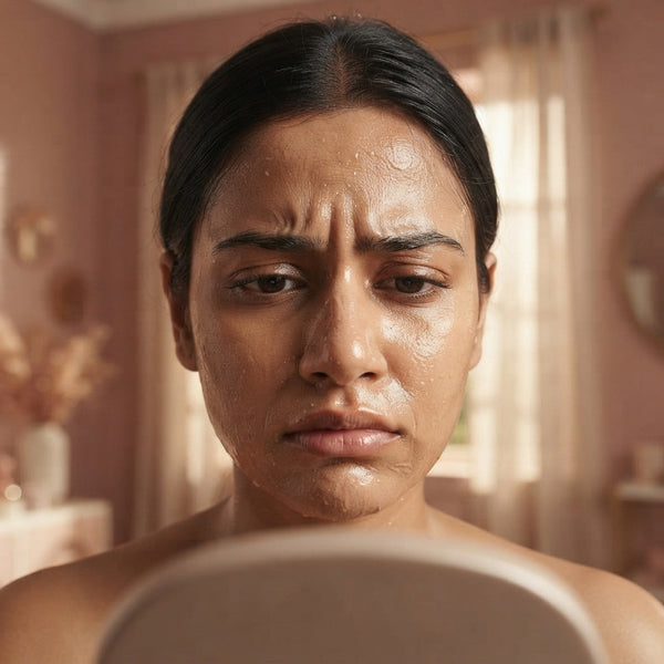 A young South Asian woman looking in a mirror, distressed by her melting, sticky facial moisturizer in a humid setting.