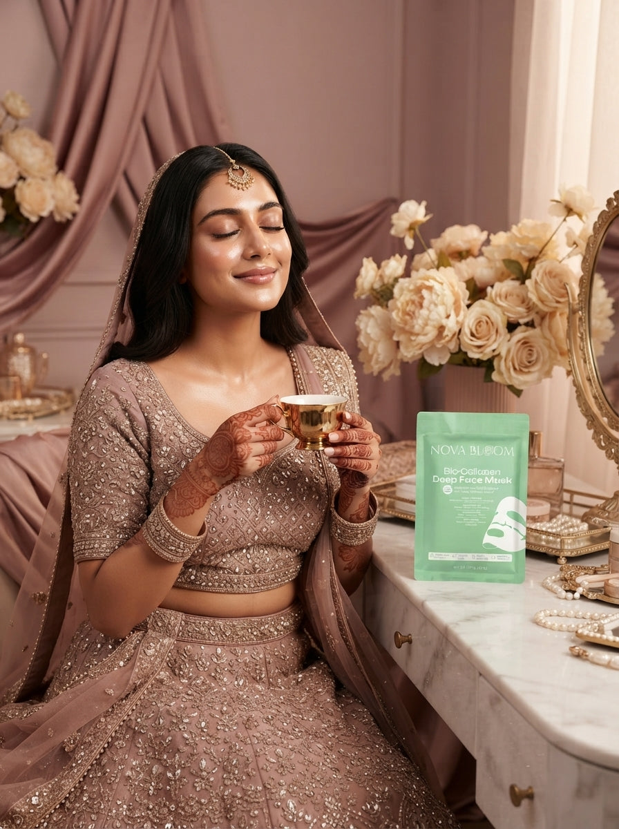A South Asian bride with glowing skin beside a Bio-Collagen Face Mask in a luxury setting with pale mauve and cream decor.