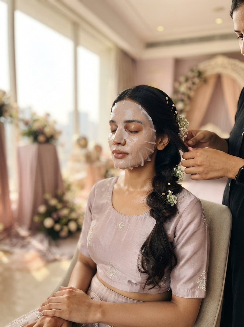 A bride with a bio-collagen face mask on, sitting for hair styling in a bright room.